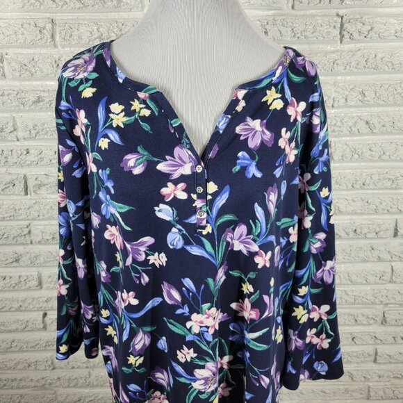Karen Scott Women Top 2X Plus 3/4 Sleeve Blue Floral Quarter Button FLO121XE - Picture 3 of 10